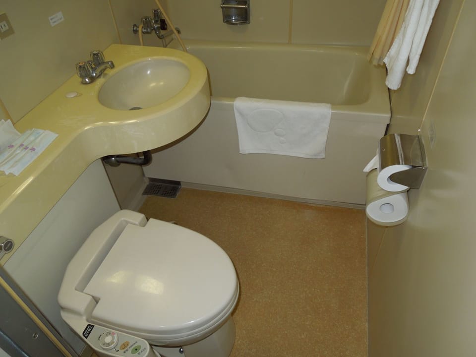Combined shower/tub, free toiletries, slippers, towels