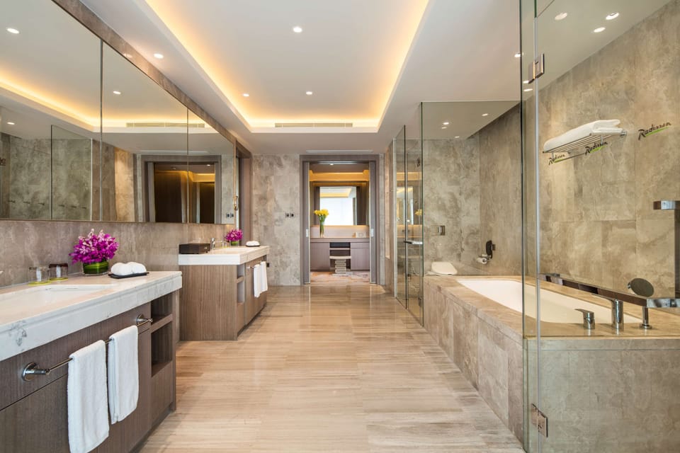 Combined shower/tub, free toiletries, hair dryer, towels