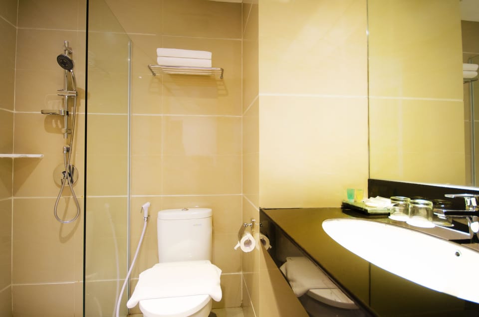 Shower, free toiletries, slippers, towels