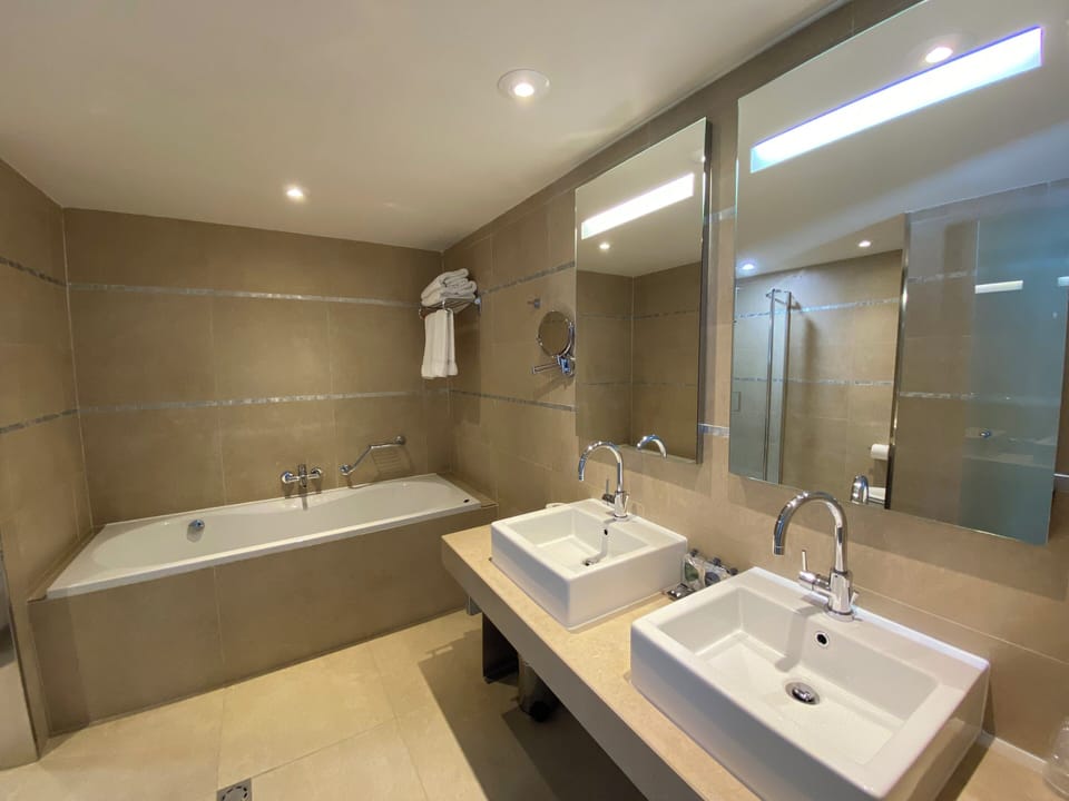 Suite | Bathroom | Shower, rainfall showerhead, hair dryer, towels