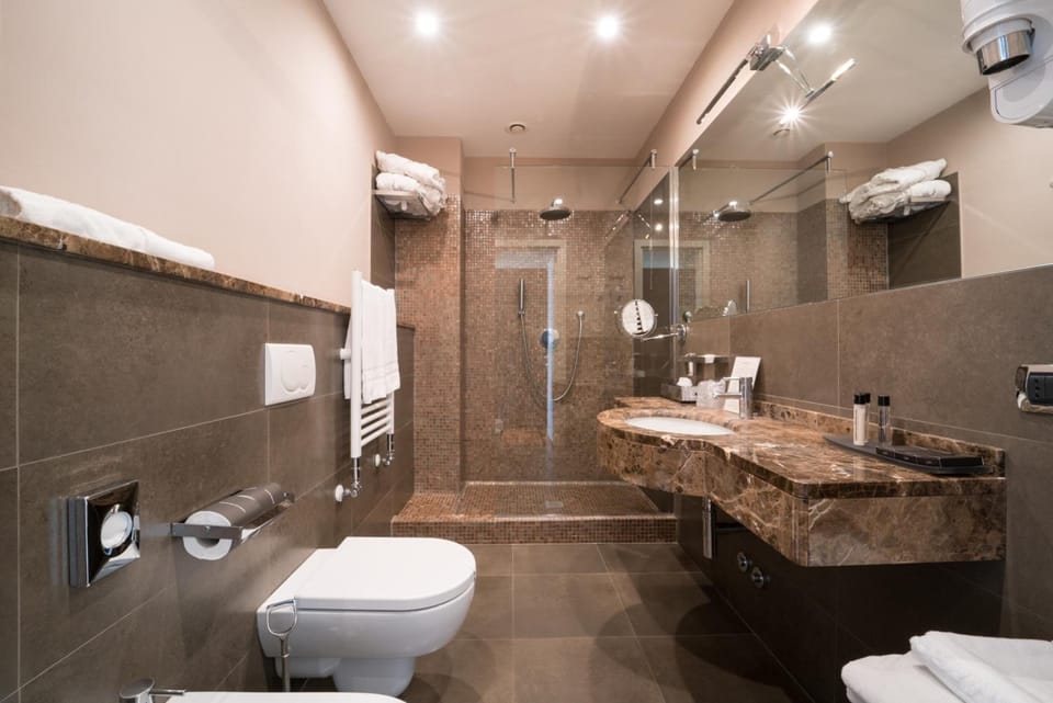 Shower, rainfall showerhead, hair dryer, bathrobes