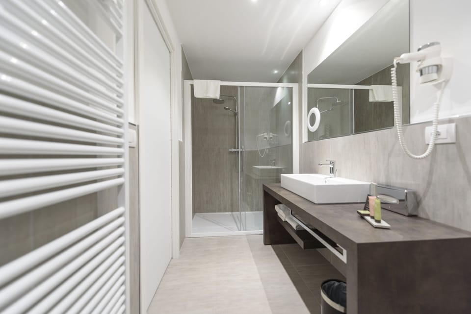 Separate tub and shower, hair dryer, slippers, bidet