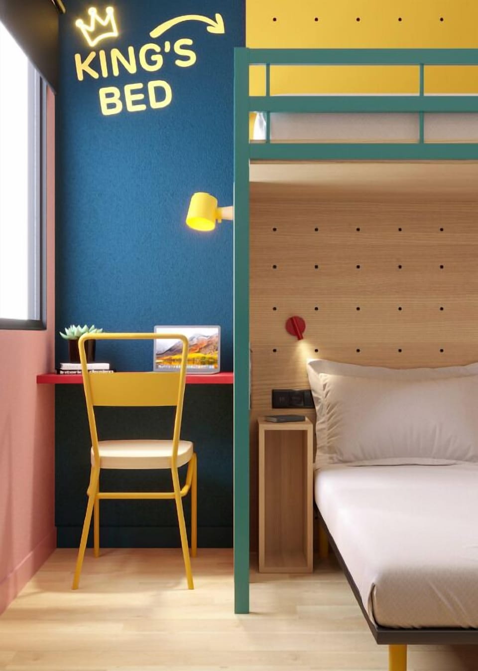 Desk, laptop workspace, blackout drapes, free cribs/infant beds