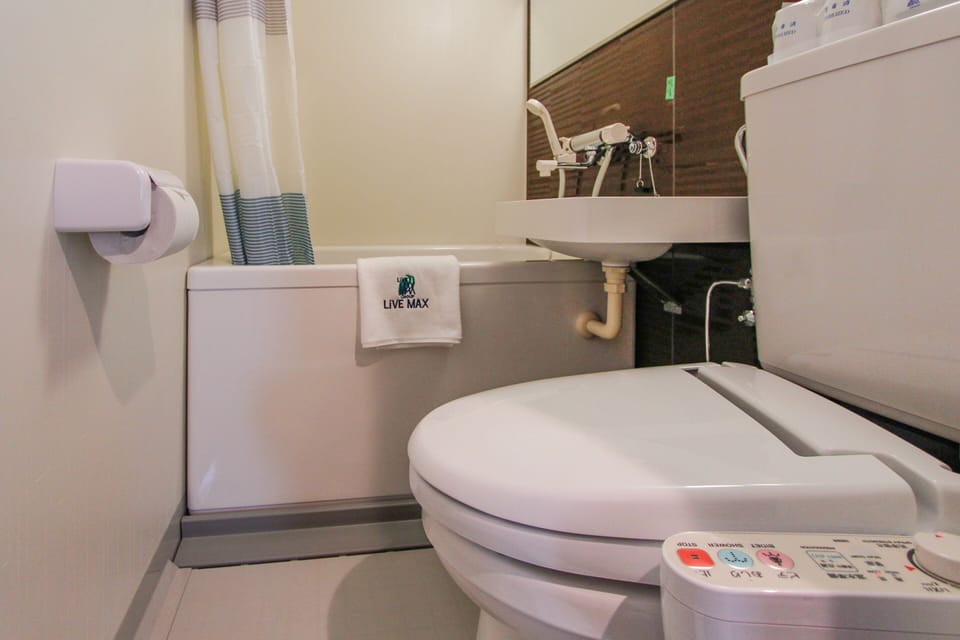 Combined shower/tub, free toiletries, hair dryer, slippers