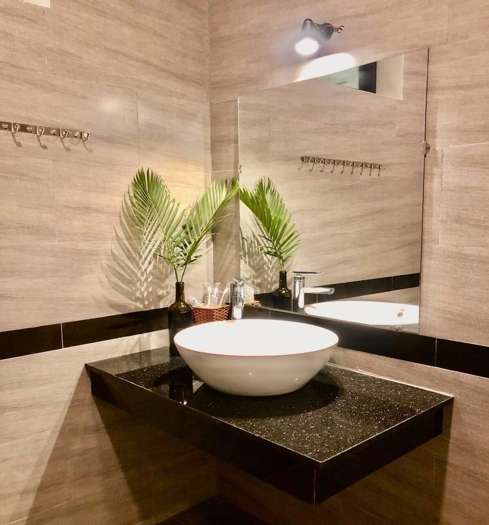 Shower, hydromassage showerhead, designer toiletries, hair dryer