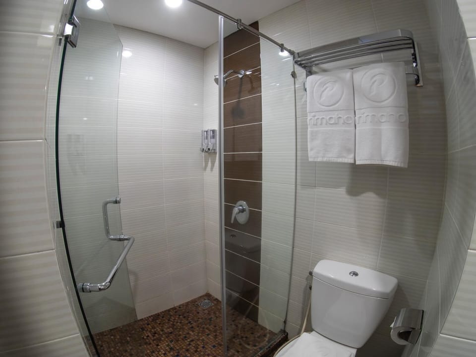 Shower, free toiletries, slippers, towels