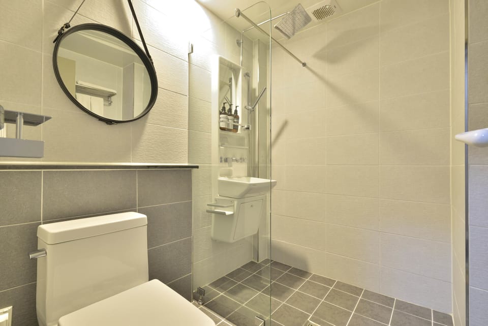 Shower, free toiletries, hair dryer, towels