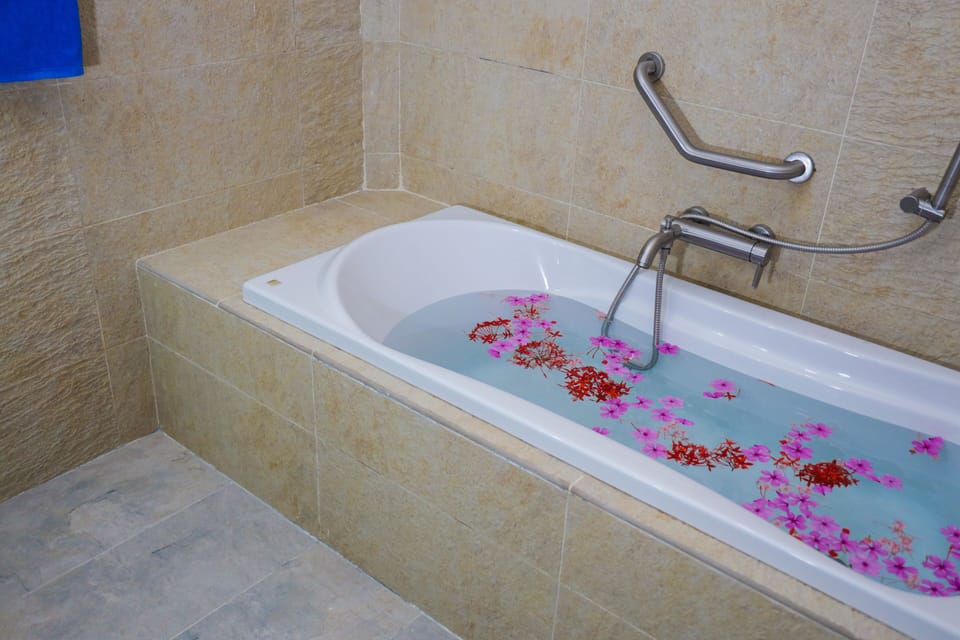 Separate tub and shower, free toiletries, hair dryer, bathrobes