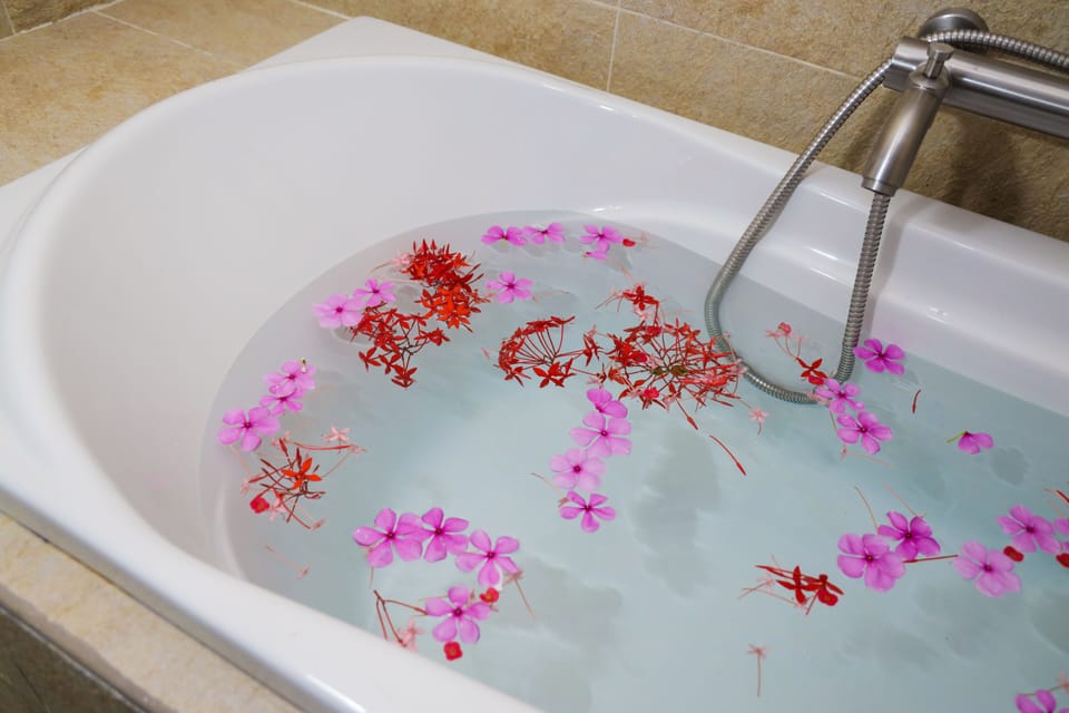 Separate tub and shower, free toiletries, hair dryer, bathrobes
