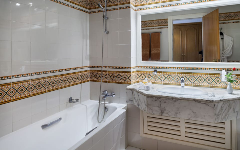 Combined shower/tub, free toiletries, hair dryer, bidet