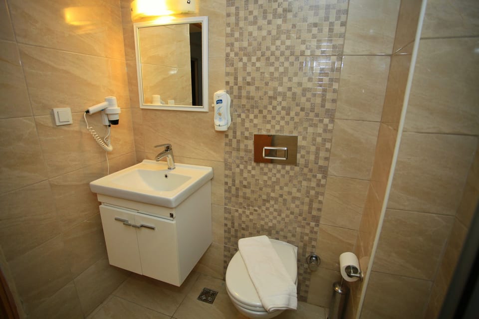 Shower, free toiletries, hair dryer, slippers