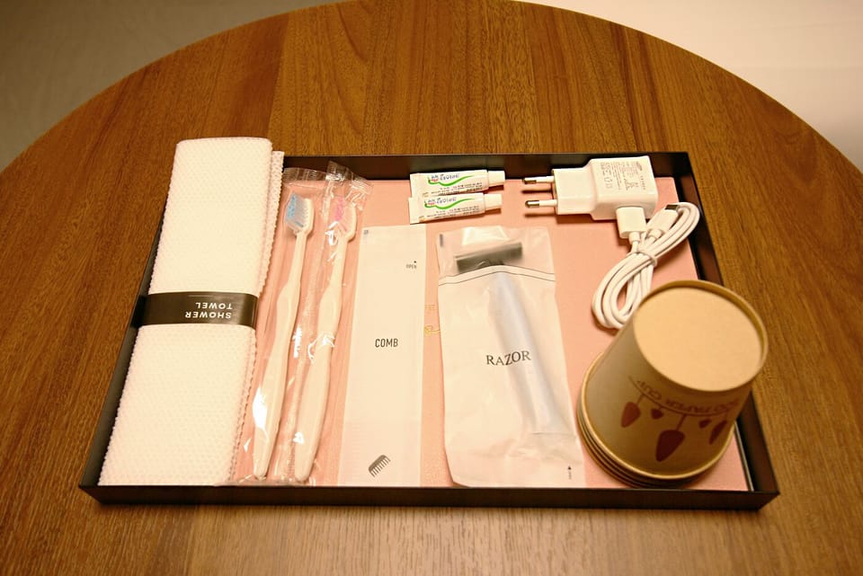 Shower, hair dryer, slippers, towels