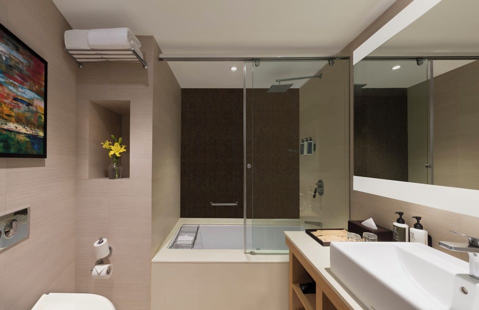 Shower, eco-friendly toiletries, hair dryer, slippers