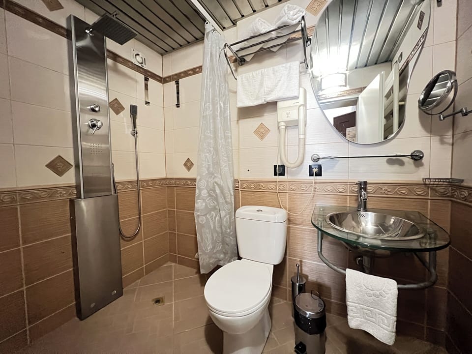 Combined shower/tub, jetted tub, hair dryer, towels