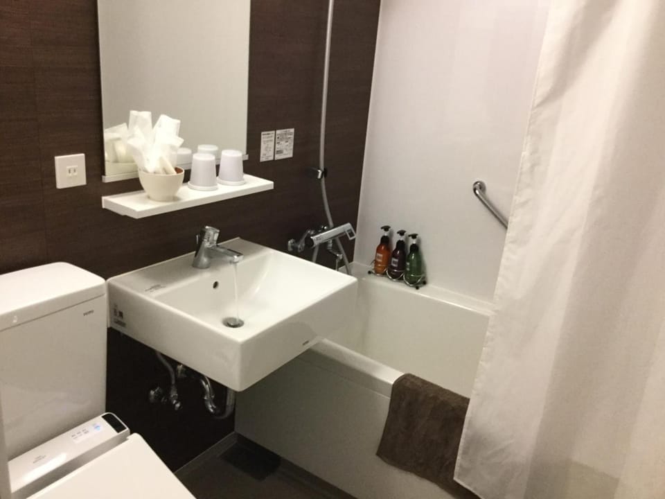 Combined shower/tub, free toiletries, hair dryer, slippers