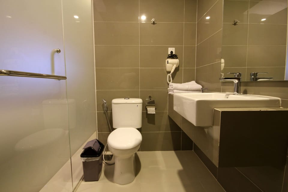 Shower, free toiletries, slippers, towels