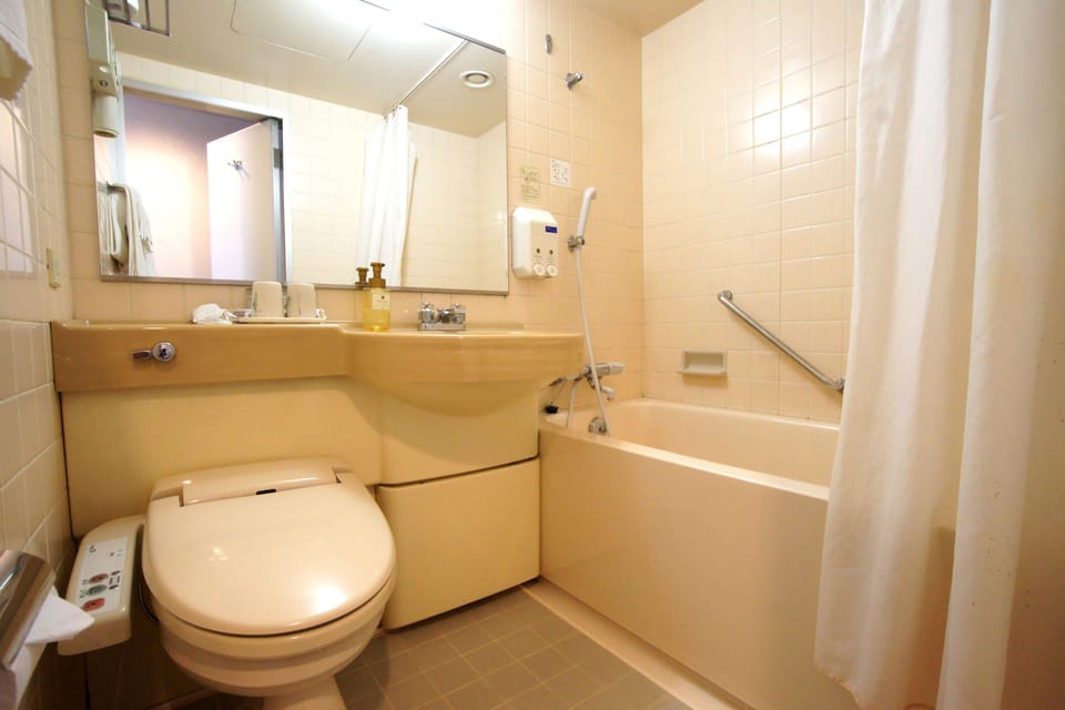 Combined shower/tub, free toiletries, hair dryer, slippers
