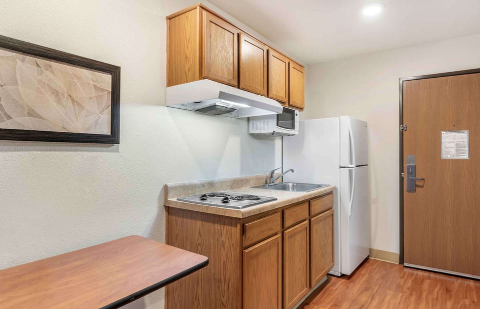 Full-size fridge, microwave, stovetop, freezer