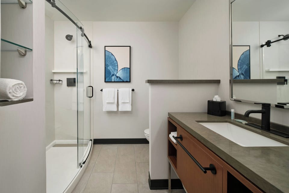 Hydromassage showerhead, free toiletries, hair dryer, towels