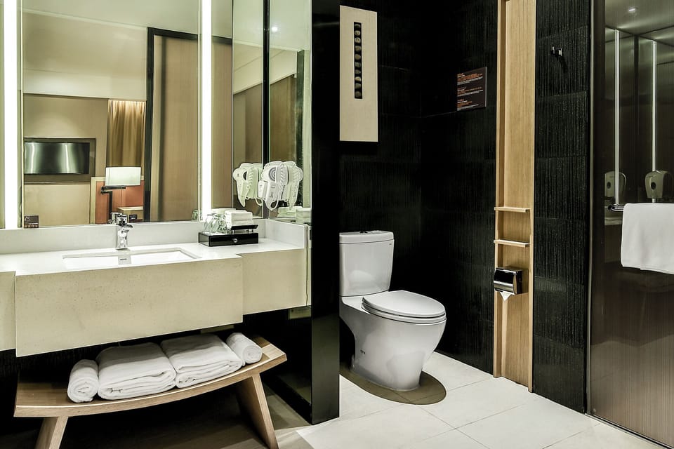 Shower, hydromassage showerhead, free toiletries, hair dryer