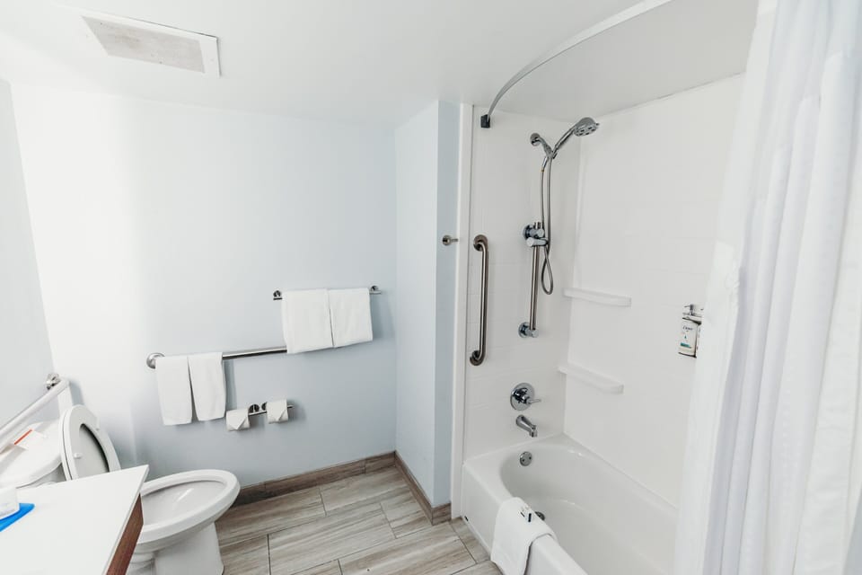 Hair dryer, towels, soap, shampoo