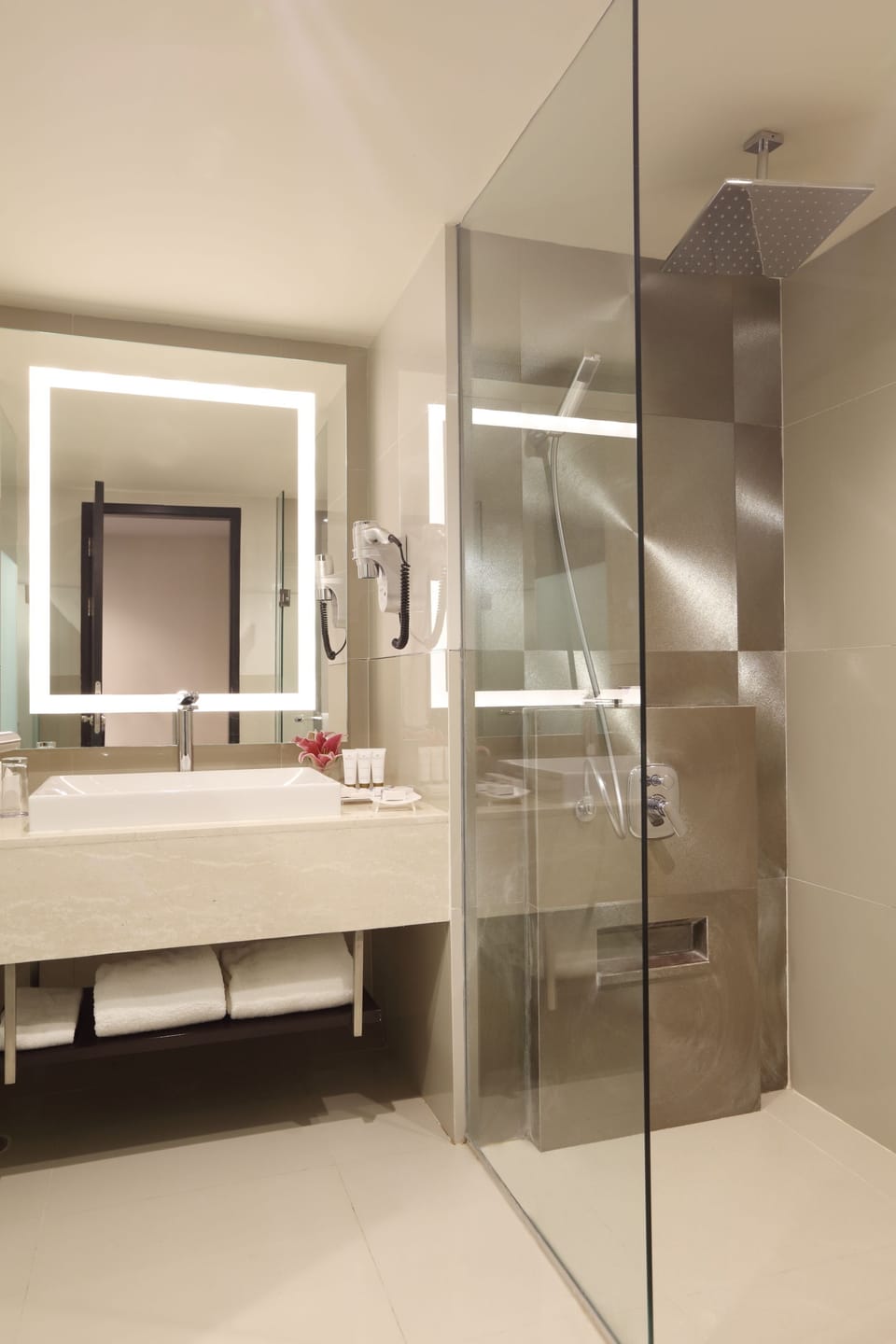 Shower, rainfall showerhead, eco-friendly toiletries, hair dryer