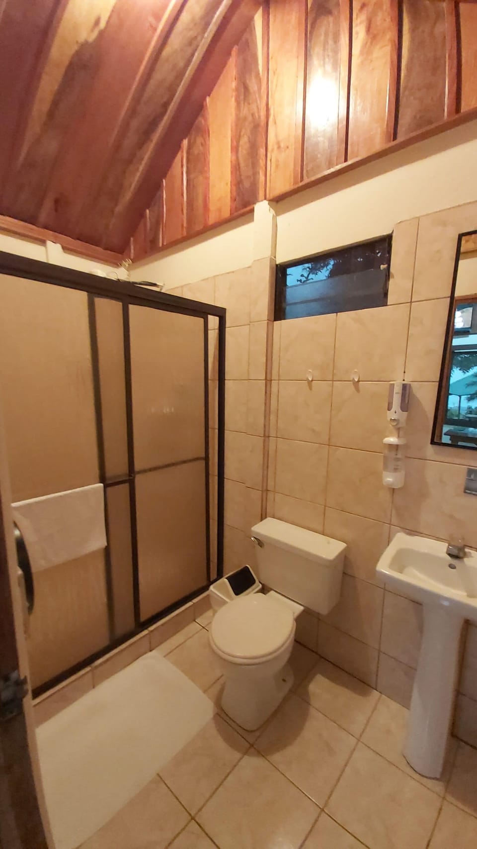 Shower, rainfall showerhead, free toiletries, towels
