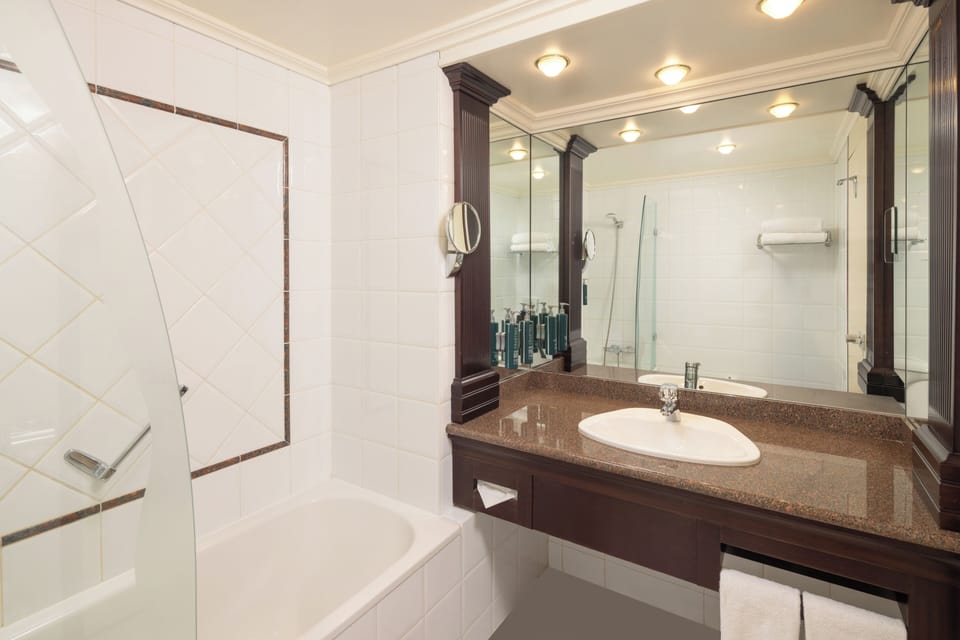 Combined shower/tub, free toiletries, hair dryer, towels