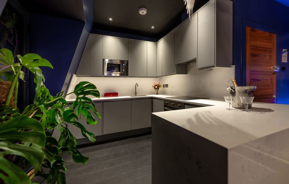 Hux Penthouse | Private kitchen | Dishwasher, coffee/tea maker, cookware/dishes/utensils, kitchen islands