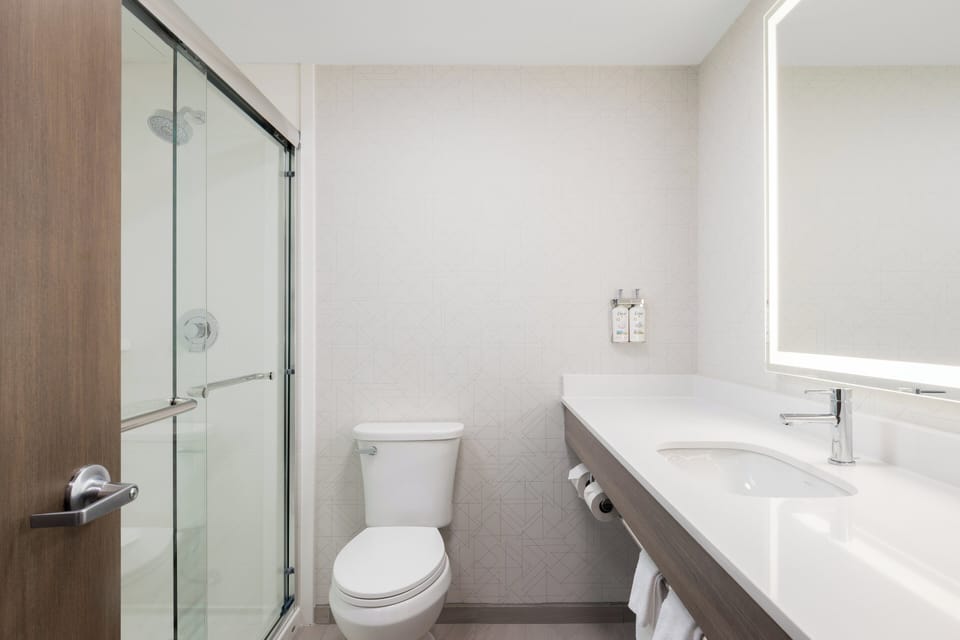 Combined shower/tub, free toiletries, hair dryer, towels