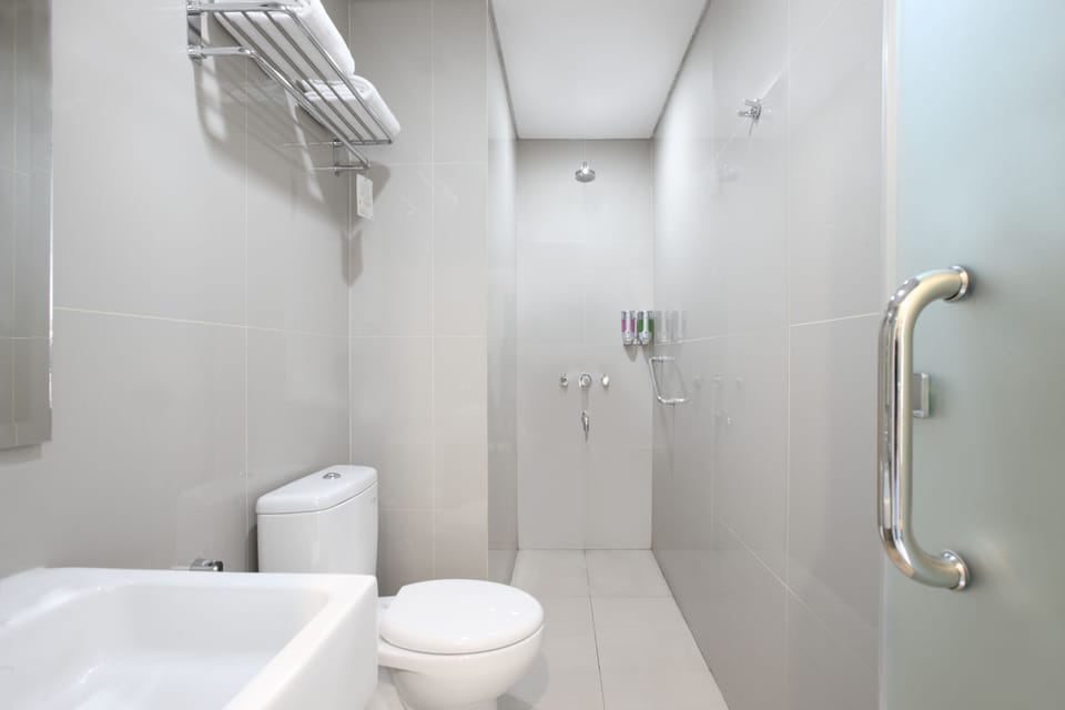 Shower, free toiletries, slippers, towels