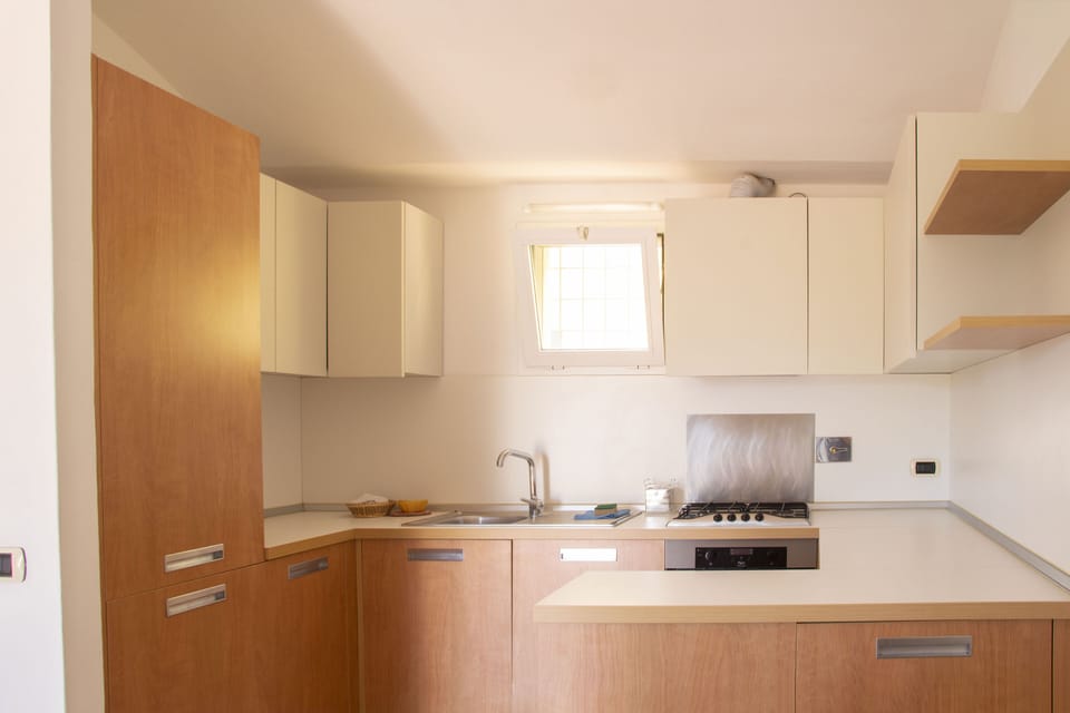 Full-size fridge, oven, stovetop, espresso maker