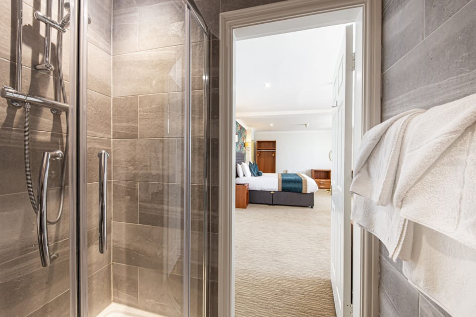 Shower, free toiletries, hair dryer, towels