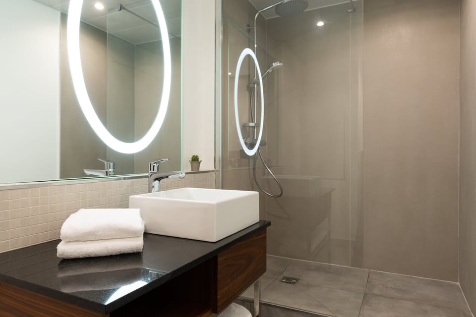 Hair dryer, towels, soap, shampoo