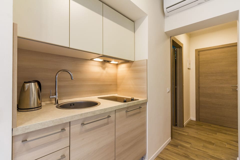 Fridge, electric kettle, cleaning supplies