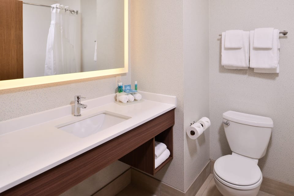 Combined shower/tub, free toiletries, hair dryer, towels