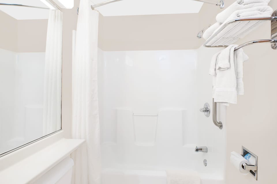 Combined shower/tub, free toiletries, hair dryer, towels