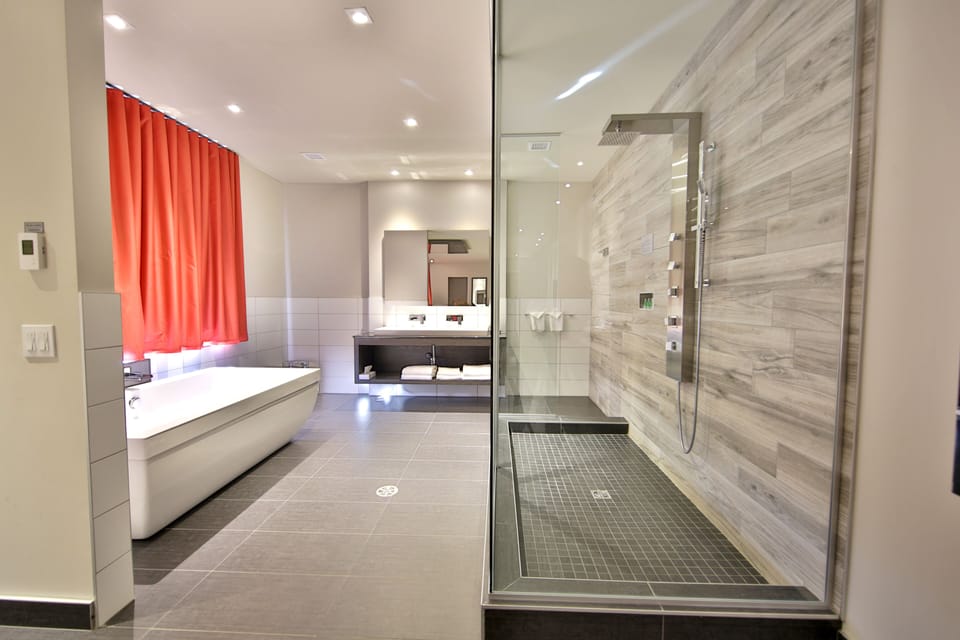 Shower, rainfall showerhead, hair dryer, towels