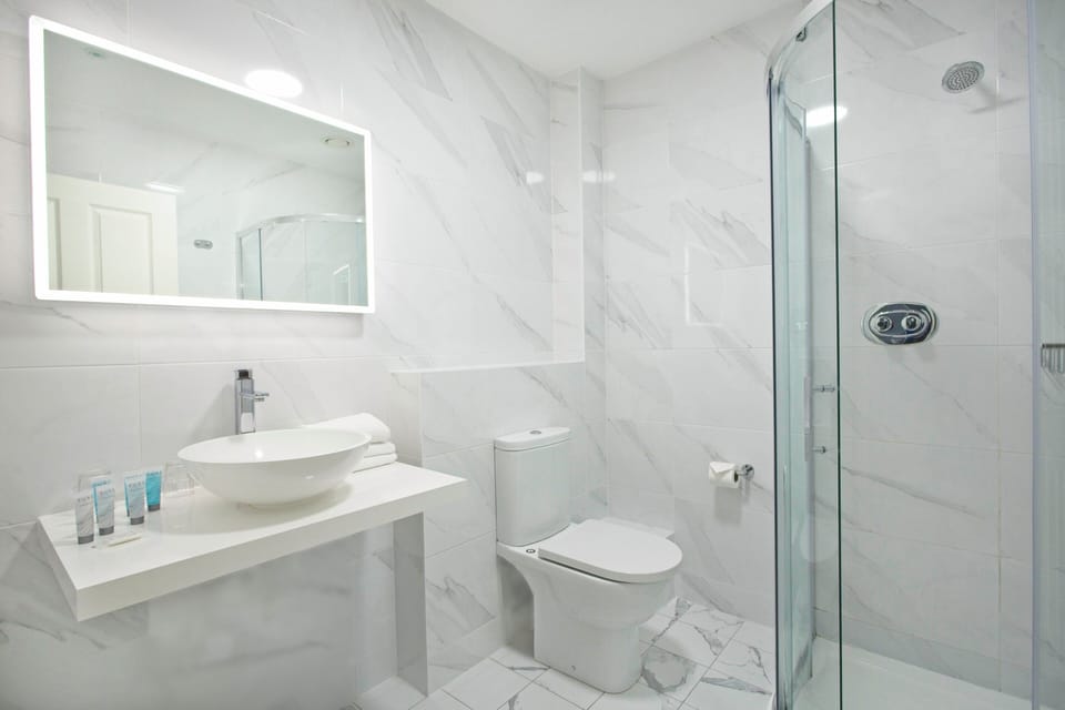 Combined shower/tub, free toiletries, hair dryer, towels