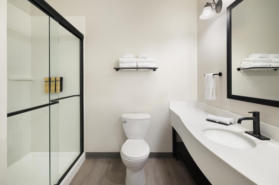 Combined shower/tub, free toiletries, hair dryer, towels