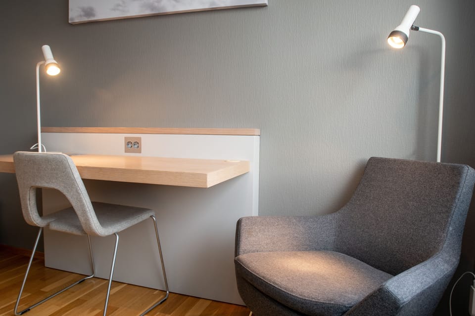 Premium bedding, desk, soundproofing, iron/ironing board