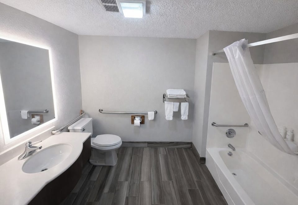 Room, 1 Queen Bed, Accessible, Non Smoking (Mobility Accessible) | Bathroom | Combined shower/tub, hair dryer, towels