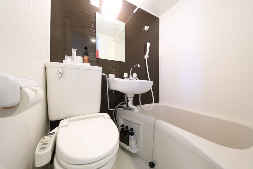 Combined shower/tub, free toiletries, hair dryer, slippers