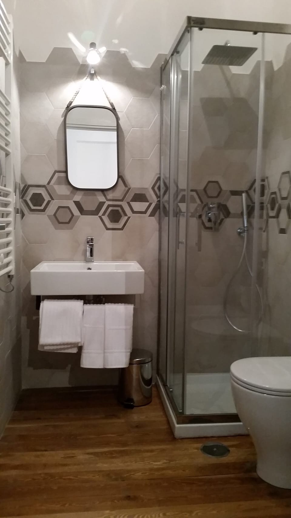Shower, free toiletries, hair dryer, towels
