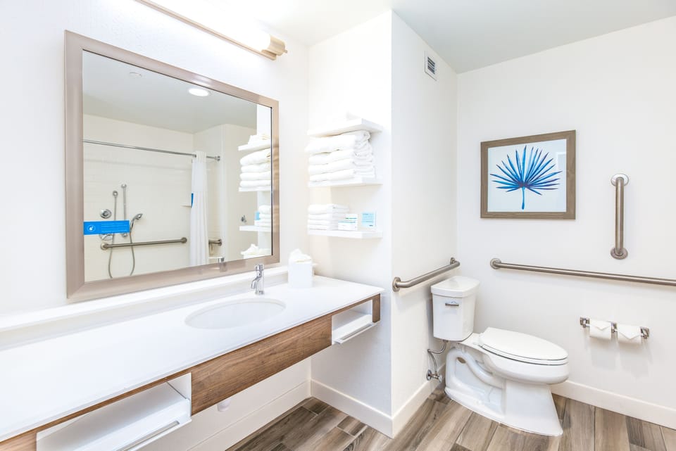 Studio, 1 King Bed, Accessible, Non Smoking (mob/hearing acc w/ roll-in shower) | Bathroom | Combined shower/tub, eco-friendly toiletries, hair dryer, towels