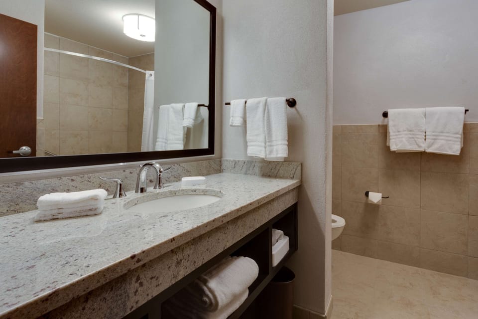 Combined shower/tub, hair dryer, towels