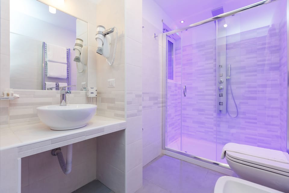 Shower, hydromassage showerhead, free toiletries, hair dryer