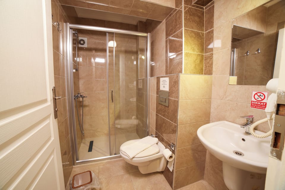 Shower, free toiletries, hair dryer, slippers