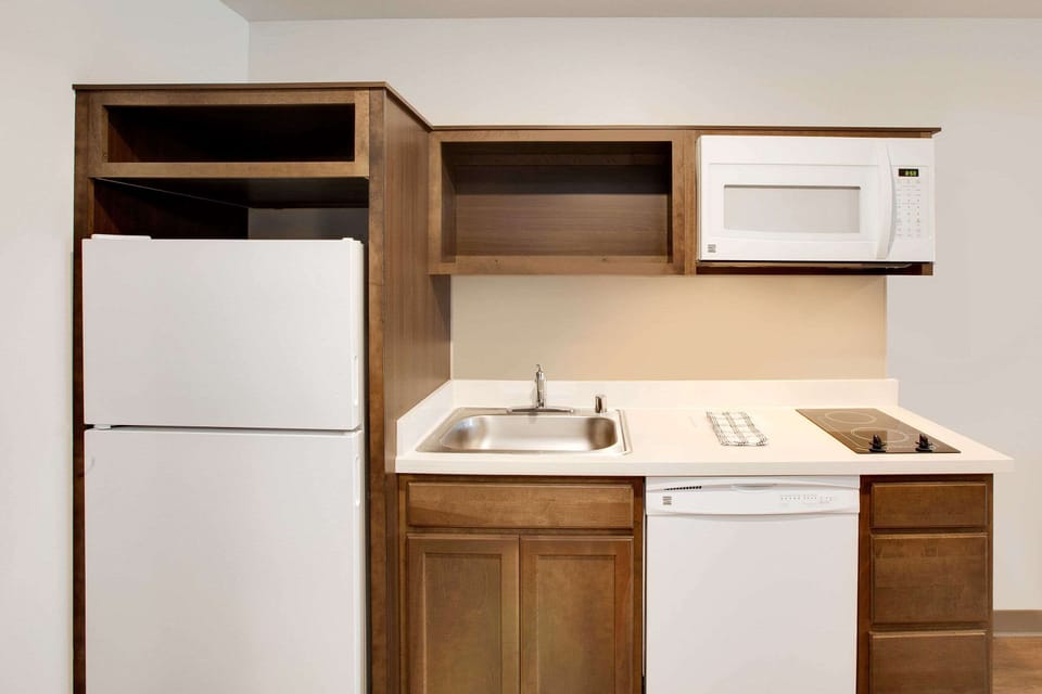Full-size fridge, microwave, stovetop, dishwasher