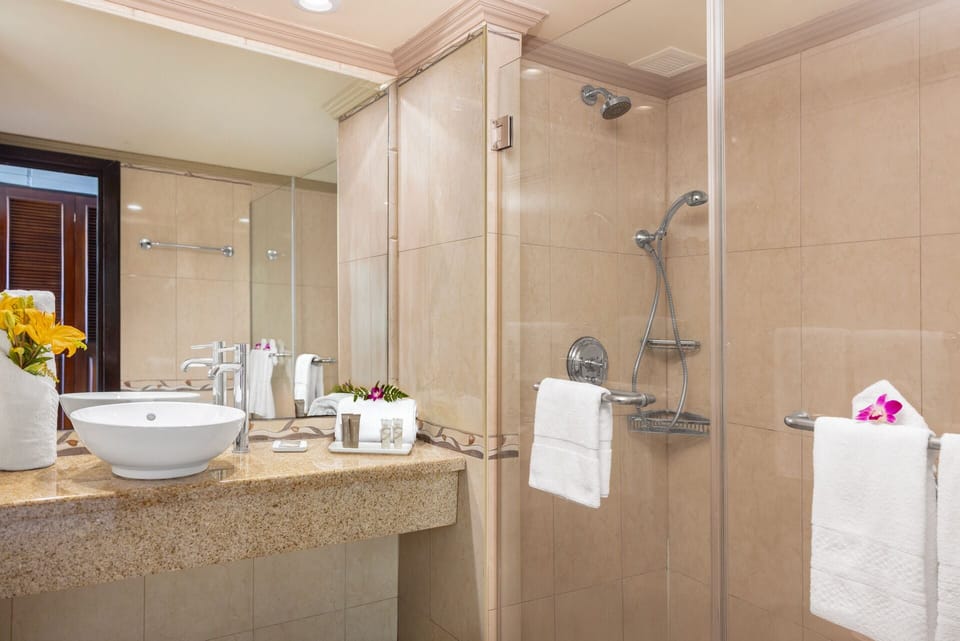 Shower, eco-friendly toiletries, hair dryer, towels